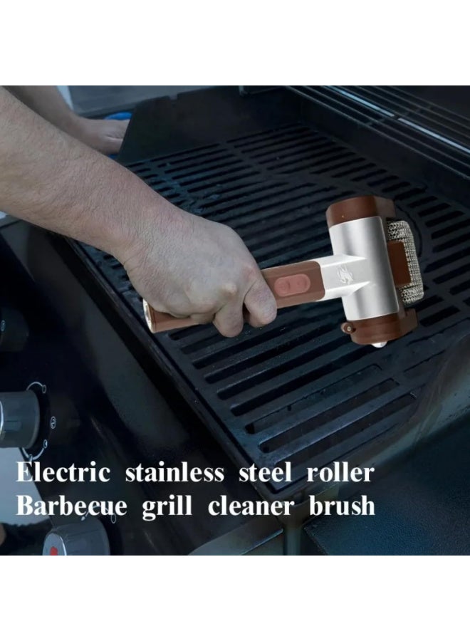 1PC Electric Grill Cleaner Bristle Free Stainless Steel Power Roller Blasts Removable Wireless Electric Grill Brush With LED Light for Outdoor Grills Barbecue Cleaning Tool Brown - Image 2